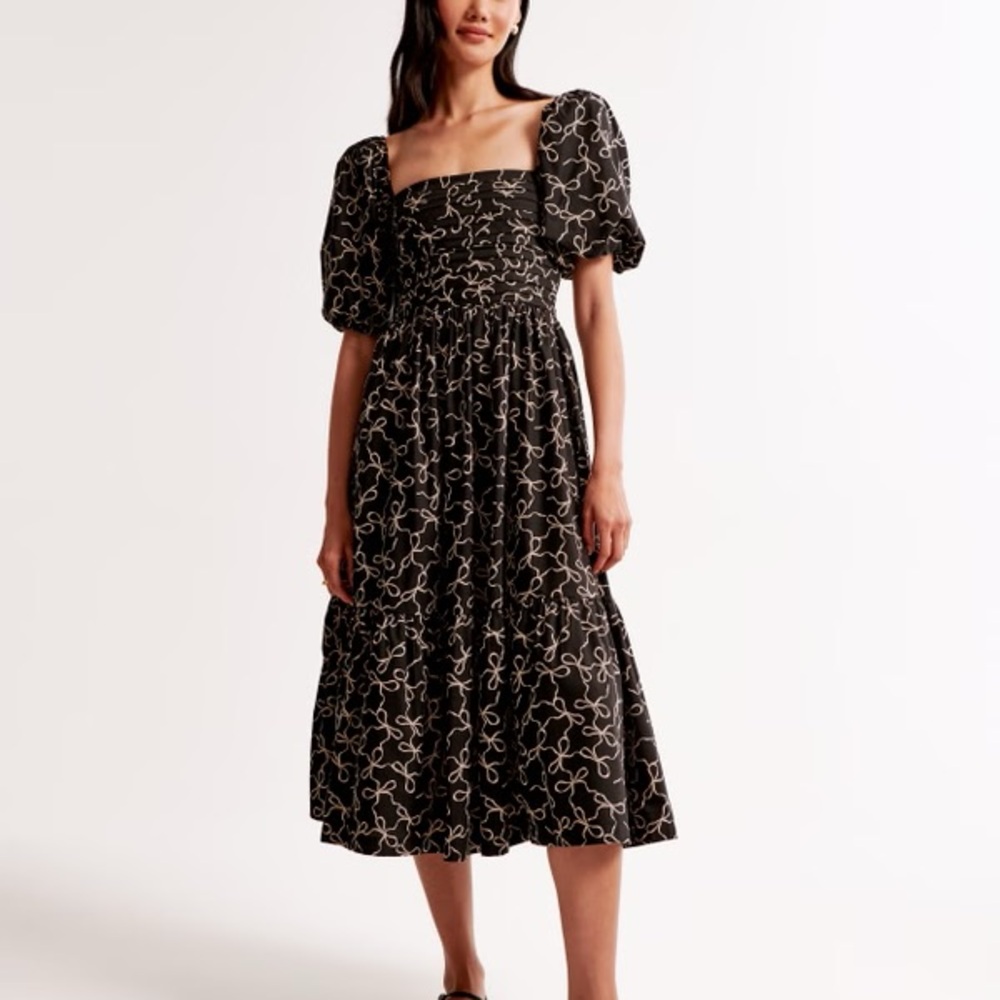 NWOT Abercrombie & Fitch Emerson Poplin Puff Sleeve Midi Dress RARE Bow Print